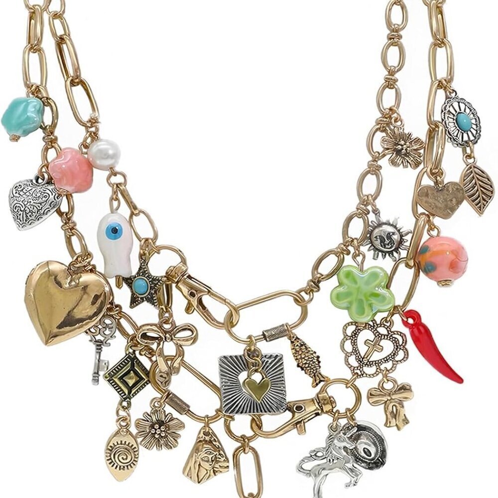 Retro Chunky Heart Necklace Women Beach Ocean Moon Star Layered Jewelry